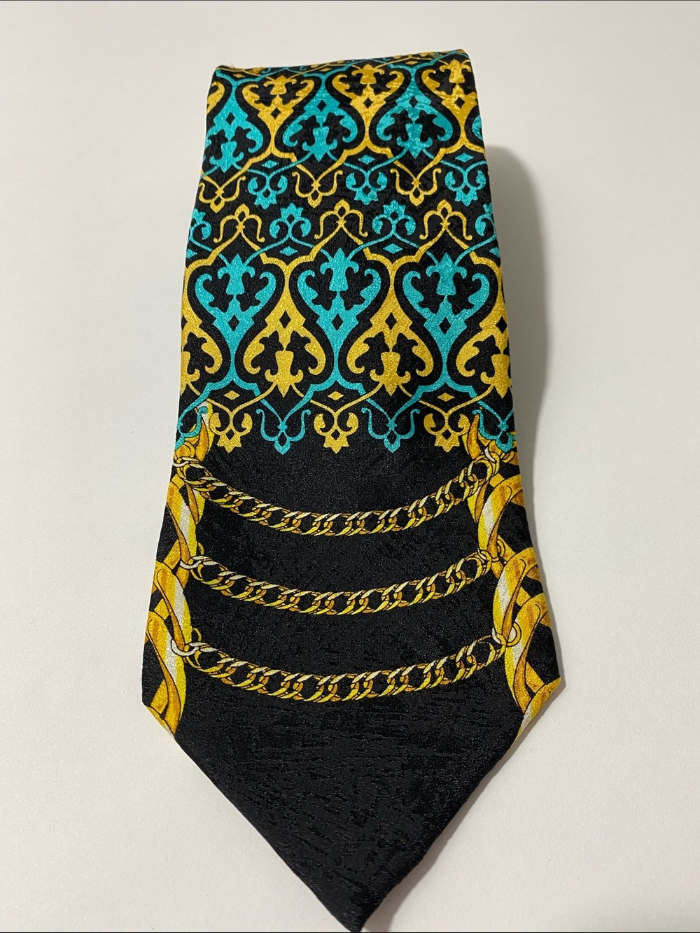 Vintage Rush Limbaugh No Boundaries Silk Tie Black Teal Gold Chain Baroque 90s
